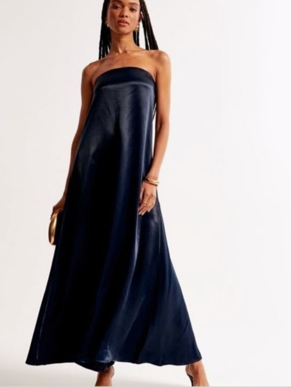 Abercrombie & Fitch Strapless Navy Satin Maxi Gown Sz-L - Picture 1 of 9